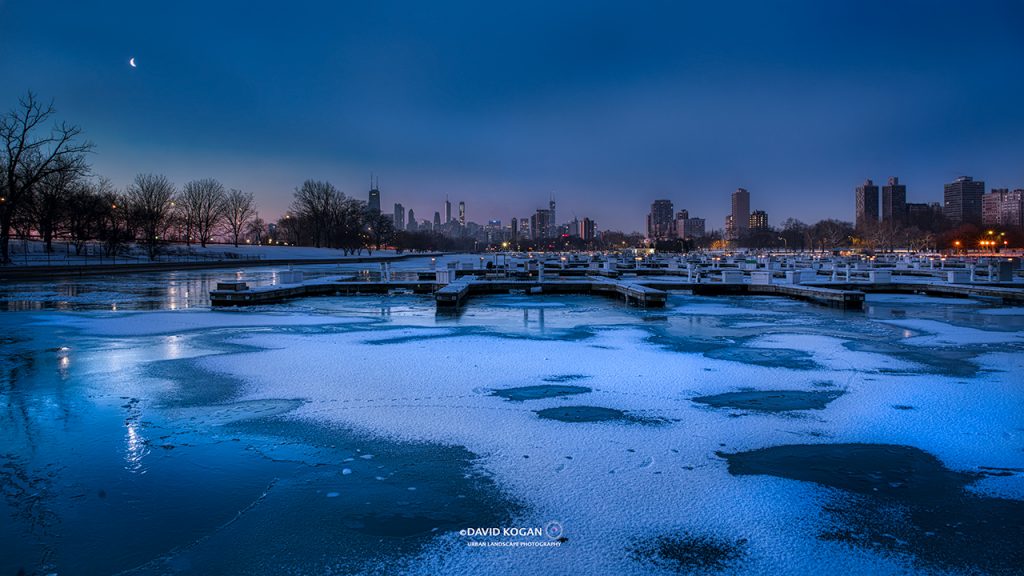 Diversey Harbor, Moonset, Frozen