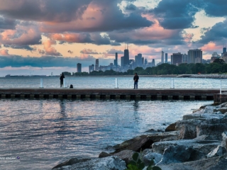 Chicago Skyline, Fishing, Pink Clouds